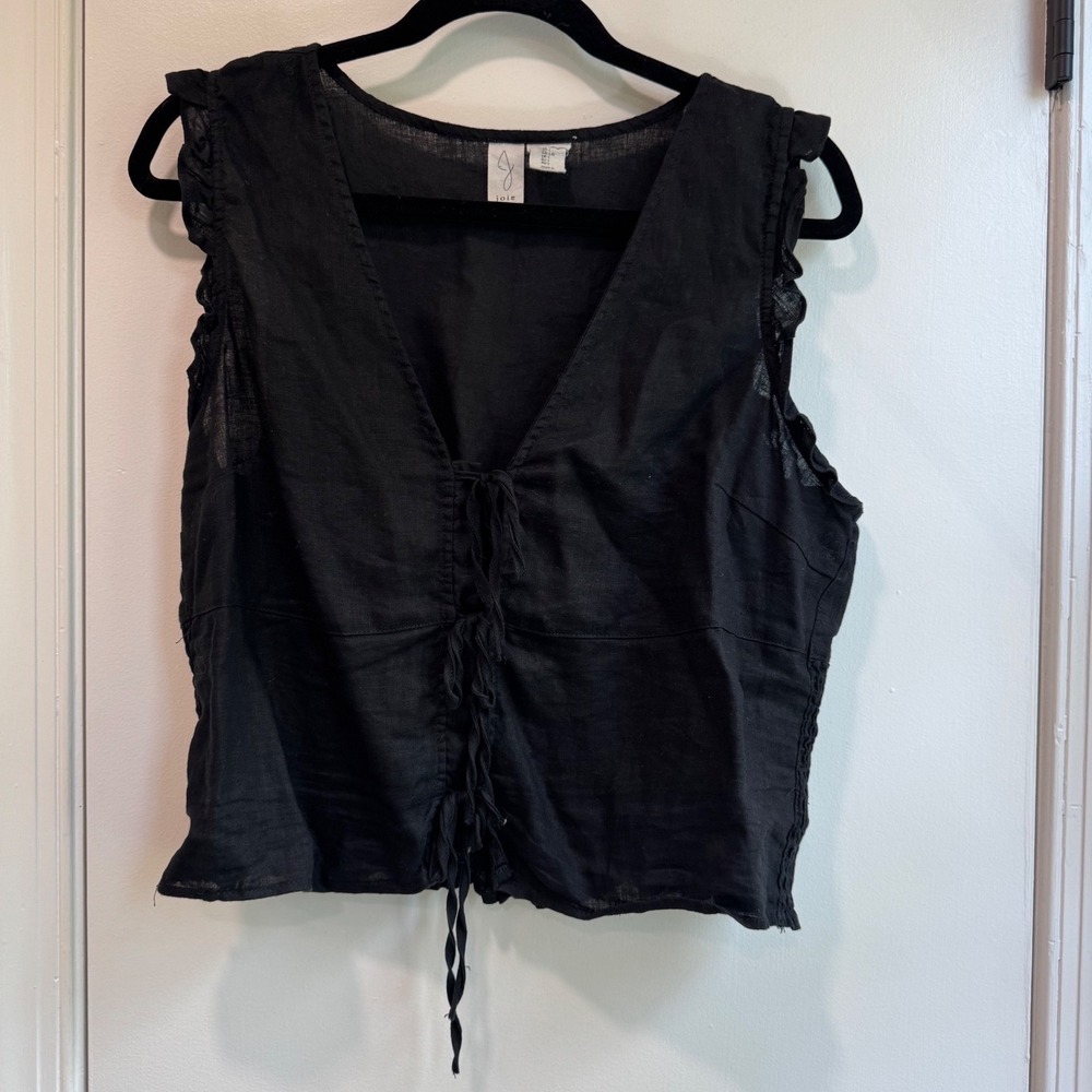Joie Womens Black 100% Linen Tie Front Ruffle Smocked Back Sleeveless Top Size L